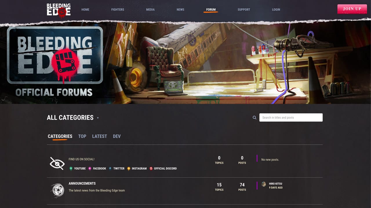 Image showing the home screen of the Bleeding Edge forum