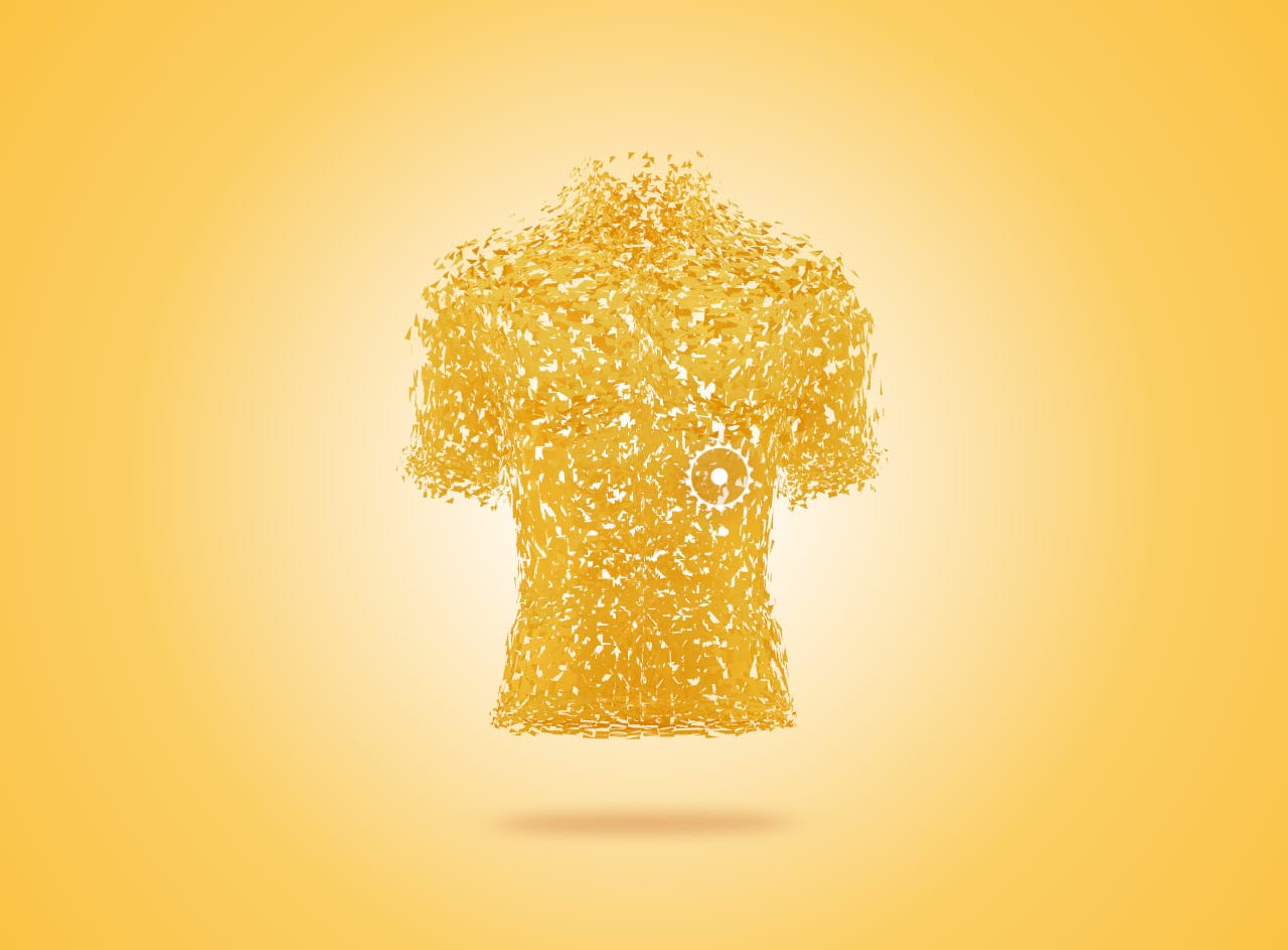 On mouse hover, the yellow jersey begins to separate into particles